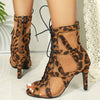 [Everyday Elegance] Women's Leopard Print High Heel Mesh Booties, Lace-Up & Back Zip Design, Breathable Peep Toe Stiletto Shoes for Casual Attire, Dressy Shoes