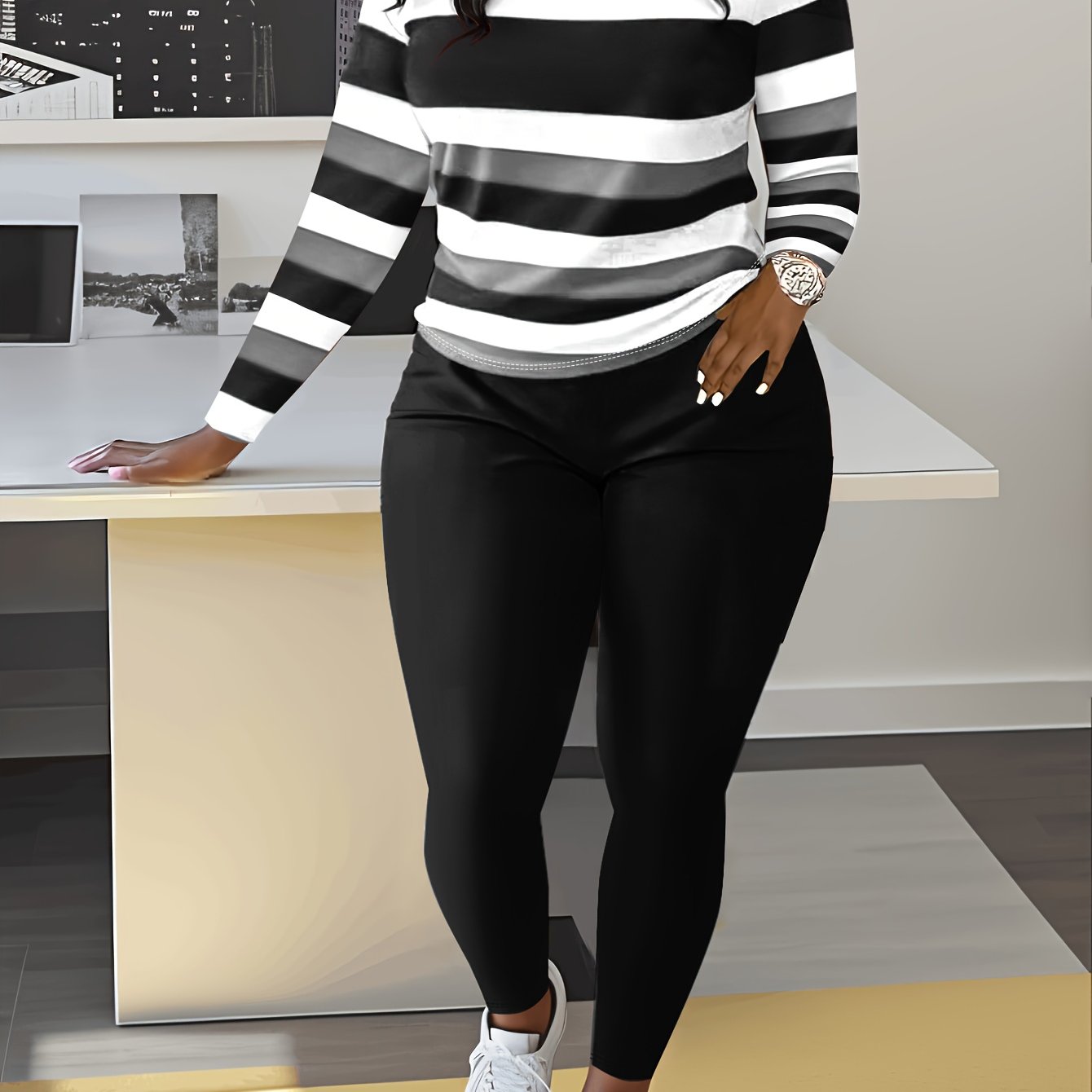 Slim Matching Two-piece Set, Casual Long Sleeve Crew Neck Striped Color Block T-shirt & Solid Elastic Waist Pants Outfits, Women's Clothing
