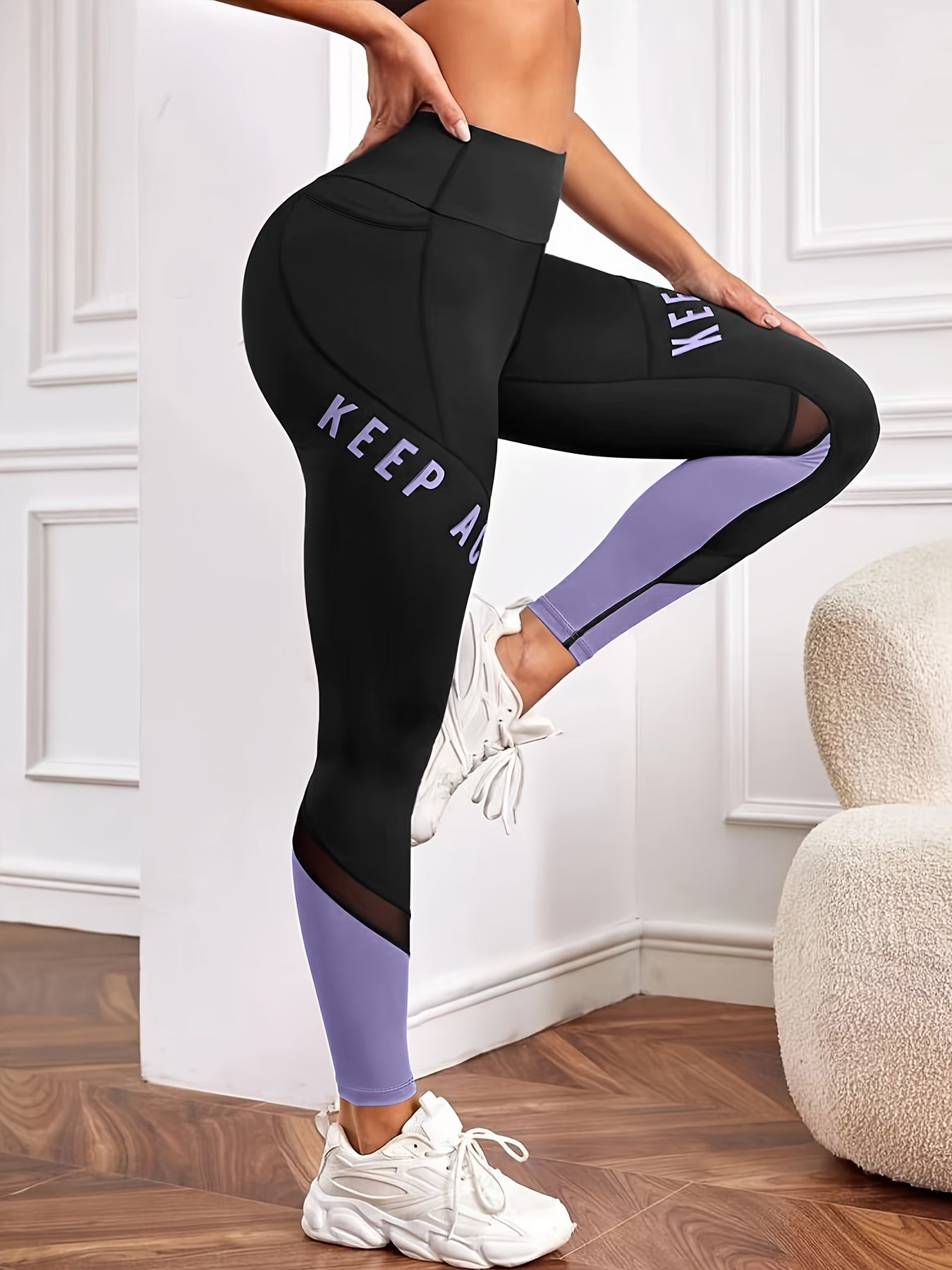 Casual Women'S Color-Blocked Mesh Patchwork Letter Print Pocket Comfortable Elastic Waist Versatile Tight Yoga Leggings.