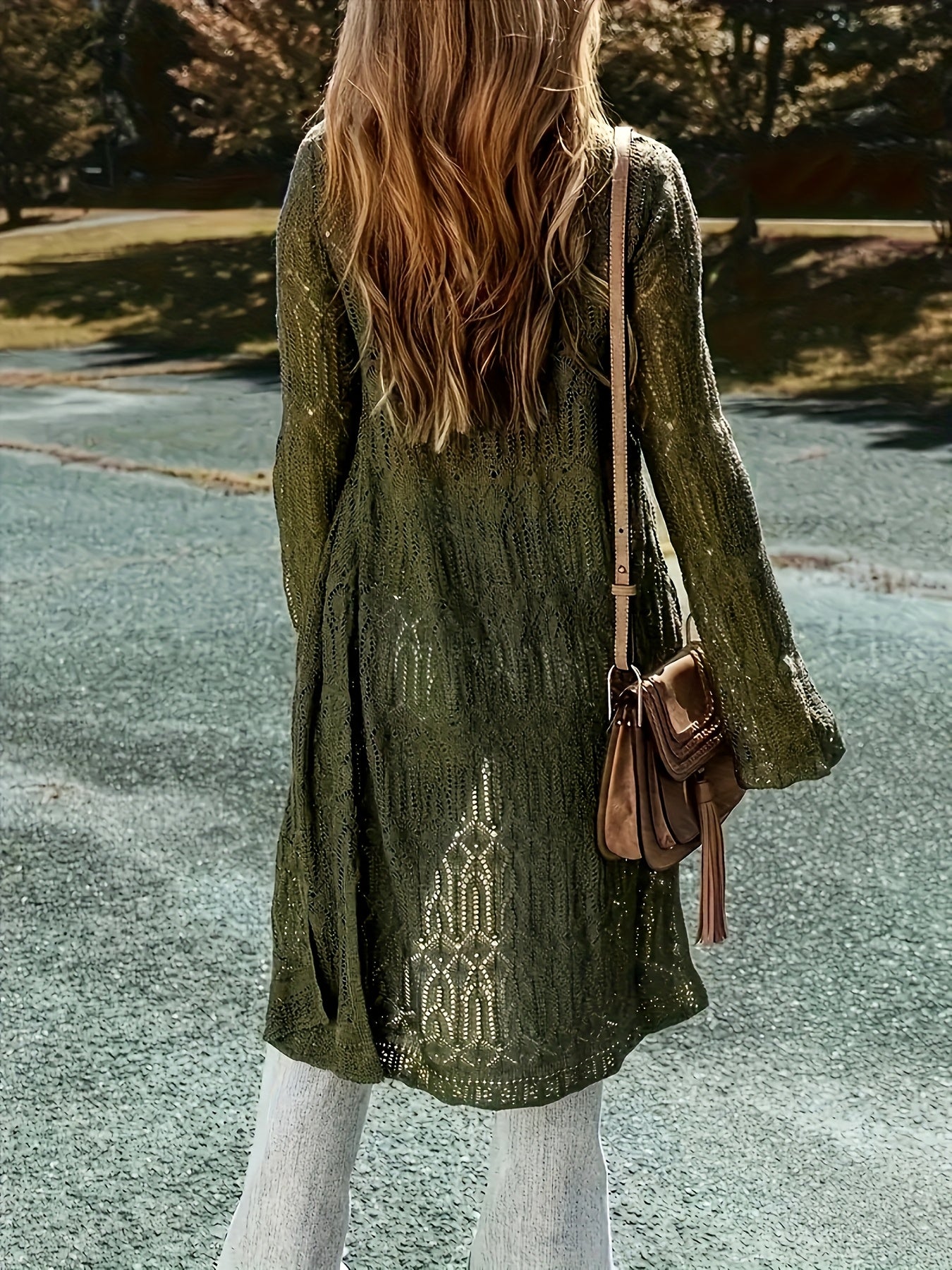 Plus Size Women's Lightweight Lace- Long Cardigan - V-Neck Semi-Sheer Cover-Up, Open Front Long Sleeve Resort Wear for Spring/Summer, Beach Vacation & Casual Outfits, Beach Lace Cover Up, Summer Layering Piece, Elegant Coveru