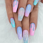 24 Pcs Medium Long Coffin Press On Nails, Pinkish Glitter Fake Nails, Glossy Artificial False Nails