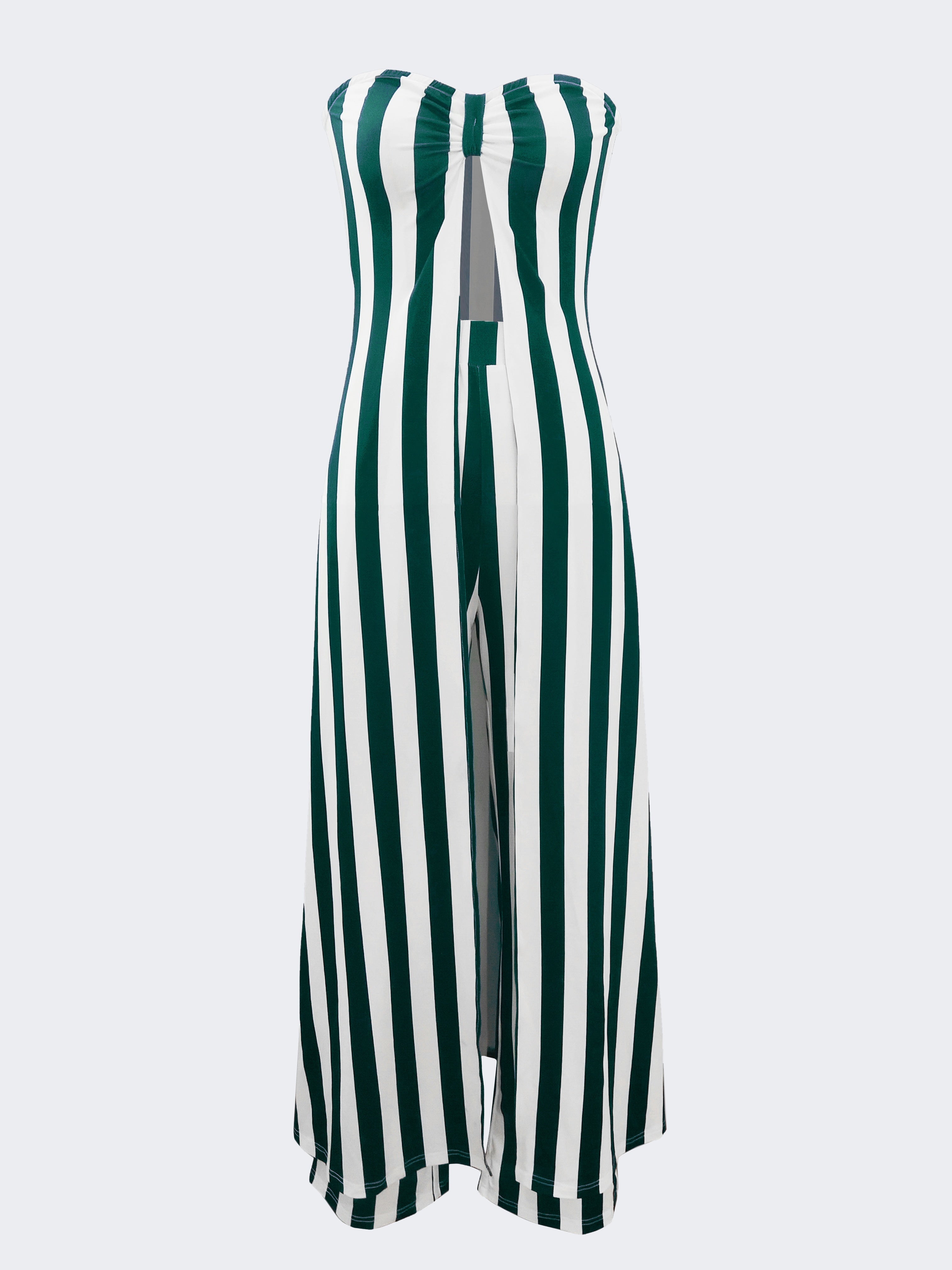 Casual Stripe Print Pants Set, Sweetheart Neck Split Hem Longline Tube Top & High Waist Flare Leg Pants Outfits, Women's Clothing