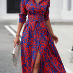 Elegant All-Over Print Shirt Dress with Belt - Long Sleeve, Button-Up Front, Red & Blue Floral Design, Polyester Fabric, Machine Washable - Women’s Fashion for Spring & Fall, Long Sleeve Dress