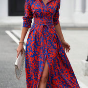 Elegant All-Over Print Shirt Dress with Belt - Long Sleeve, Button-Up Front, Red & Blue Floral Design, Polyester Fabric, Machine Washable - Women’s Fashion for Spring & Fall, Long Sleeve Dress