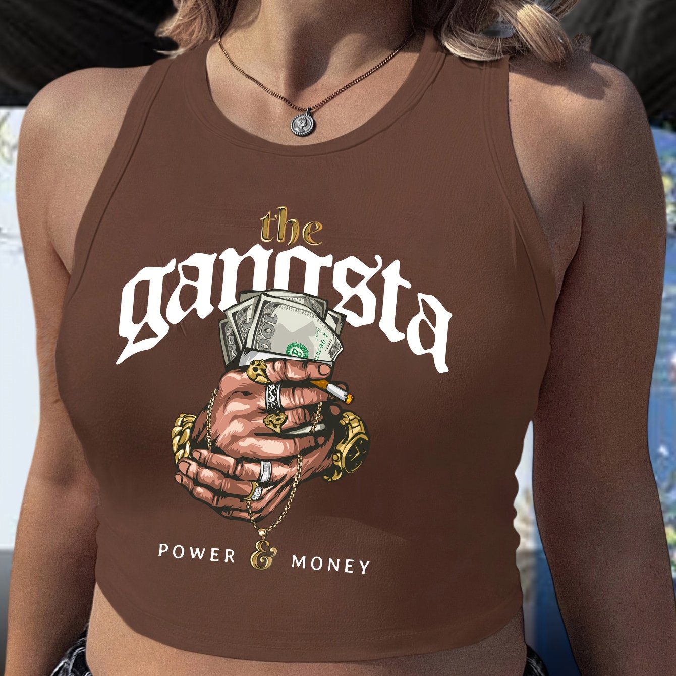 Women'S "The Gangsta" Graphic Crop Top Tank Top - Sleeveless, Light Blue with Money & Handshake Design, Casual Summer Tee for Adults, Casual Attire | Playful Print | Polyester Blen