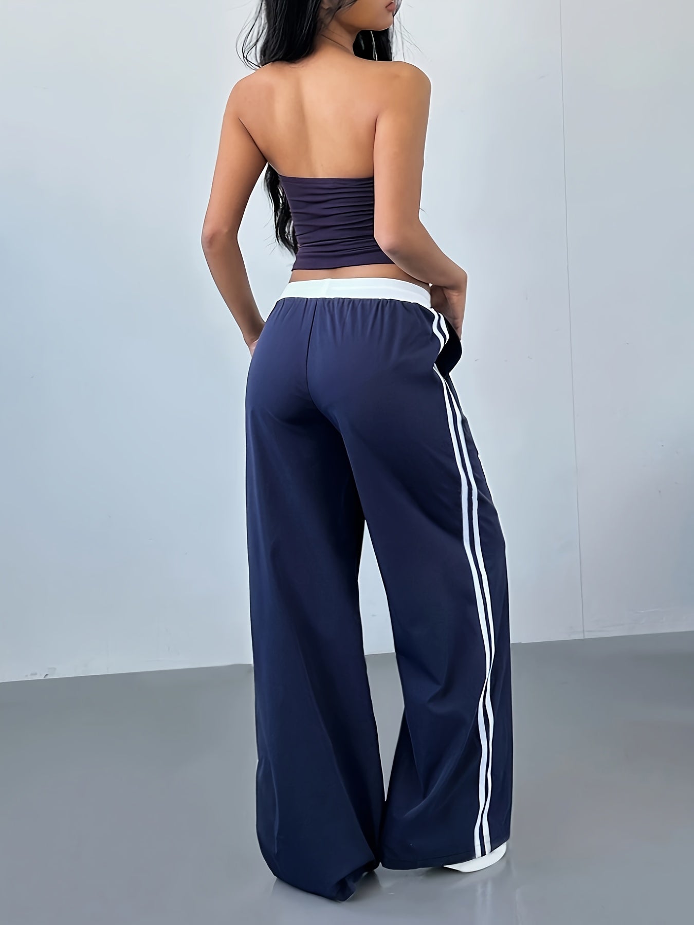 Women's Y2K Fashion Casual Pants - Navy Blue Striped Straight-Leg Trousers with Letter Detail, Drawstring Waist, Machine Washable, Polyester and Elastane Blend, Casual Wear Pants | 90S Inspired Fashion | Smooth Fabric Finish