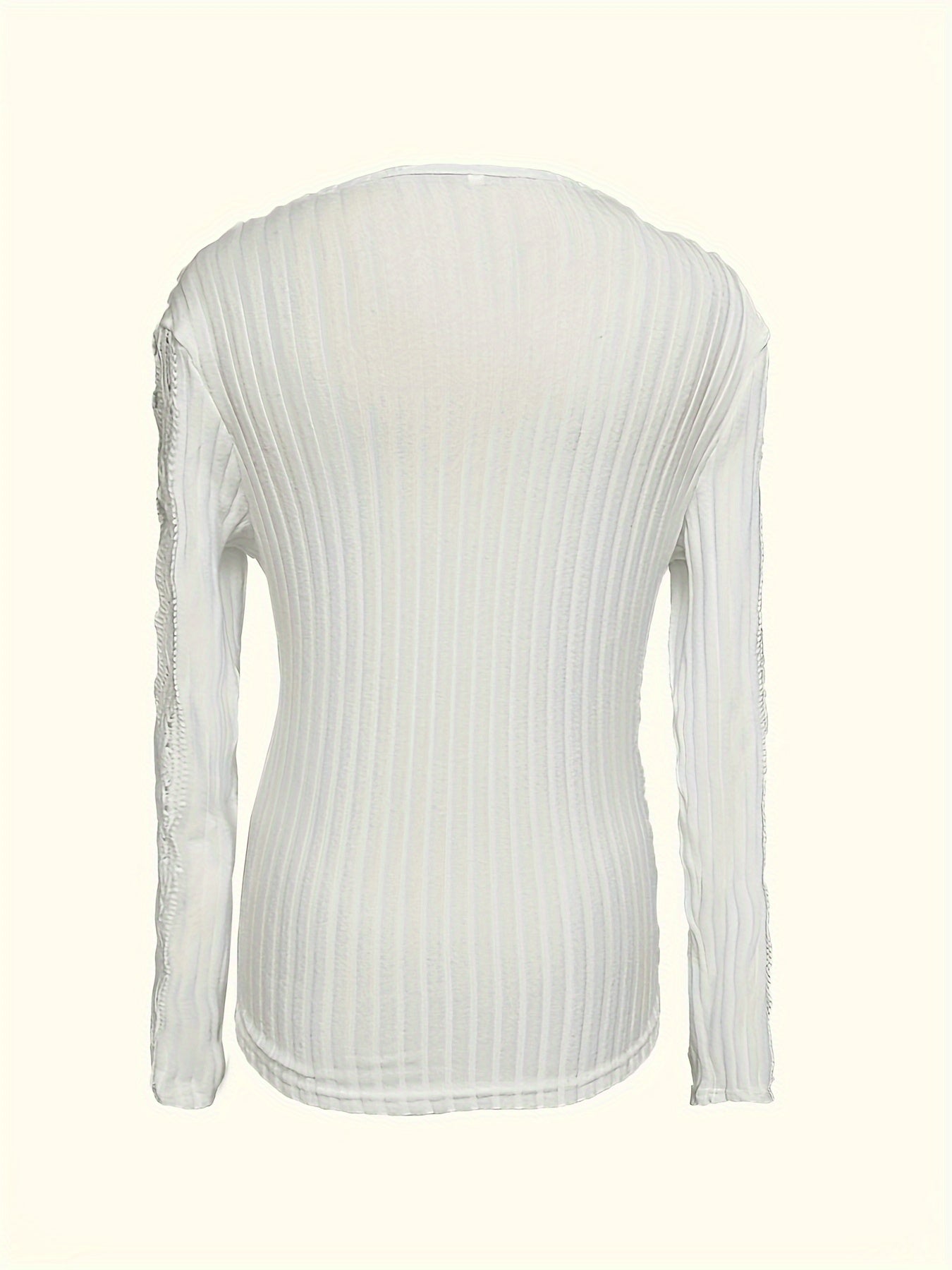 Contrast Lace Surplice Neck Rib Knit Top, Casual Long Sleeve Top For Spring & Fall, Women's Clothing
