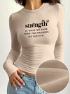 Women's Elegant Crew Neck Long Sleeve T-Shirt with Motivational Quote Applique - Polyester Blend Knit Fabric, Medium Stretch, Skinny Fit Fall/Winter Top