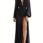 Women'S Elegant Pink Long Cover-Up Dress with V-Neck and Belted Waist - Perfect for Beach and Holiday Attire, Beach Coverup|Vneck Coverup|Nonstretch Fabric