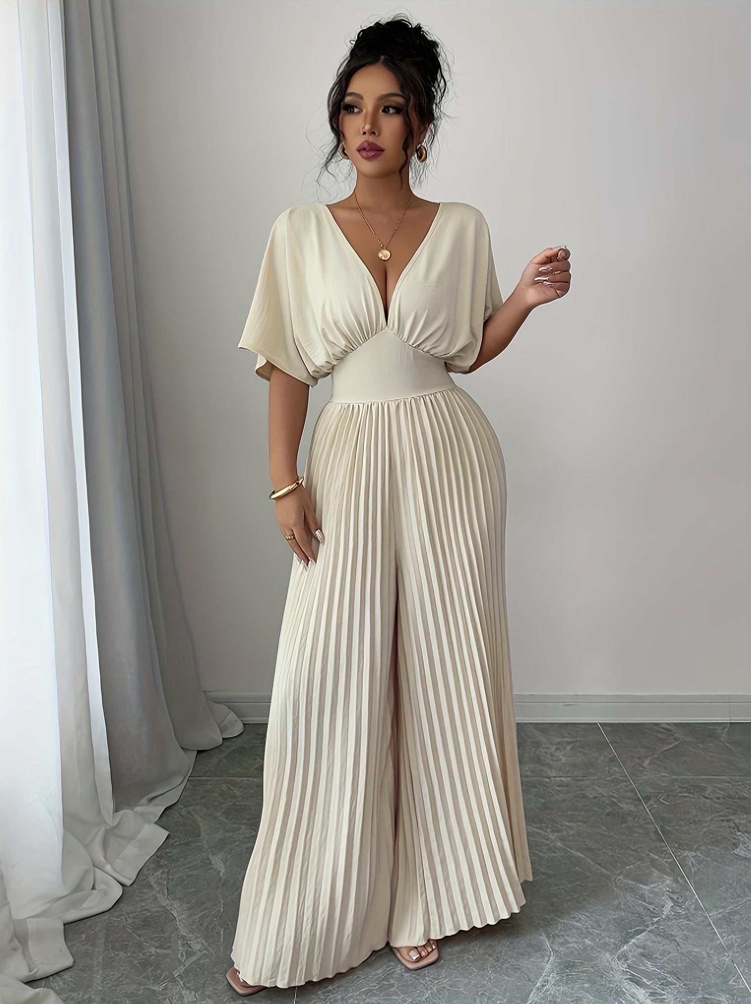 Women's Elegant Deep V-Neck Jumpsuit - Lightweight Breathable Fabric, Wide-Leg Pants, Machine Washable, Solid Color, Versatile for Casual & Formal Occasions, Allseason Apparel | Elegant Pantsuit | Stylish Jumpsuit, Ladies Jum
