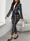 Elegant Geometric Print Plaid Blazer & Pants Set - Black & White Checkered, Long Sleeve, Button-Up, Casual Western Style, Elastic Waist, Pockets, Polyester Blend, Fall & Spring Attire for Women, Casual Attire|Modern Casualwea