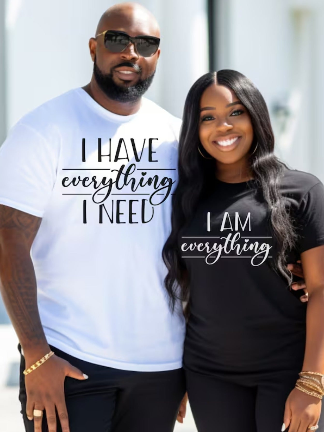 [Valentine's Day T-Shirts] Valentine's Day Couple's T-Shirts - Pair "I Have Everything I Need" "I Am Everything" - Cotton Regular Fit Short Sleeve Tops - All-Season Knit Fabric, Digital Heat Transfer, Festive Party Wear, Idea
