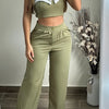 Women'S Casual Patchwork V-Neck Top and Wide Leg Pants Set, 100% Polyester, Contrast Collar, All Seasons, Woven Fabric, 150g/m² - Green