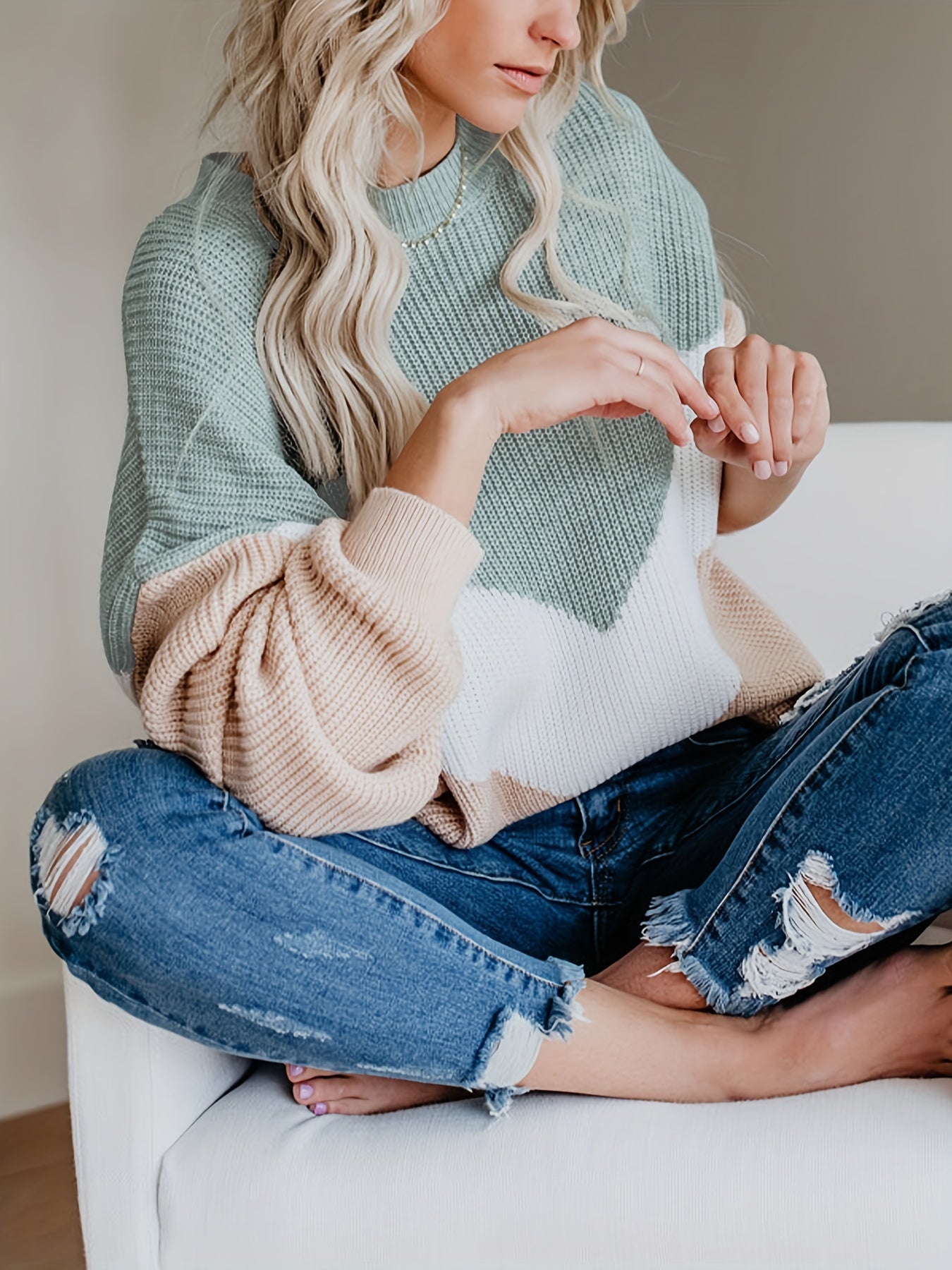For Fall & Winter, Casual Long Sleeve Color Block Crew Neck Sweater, Women's Clothing