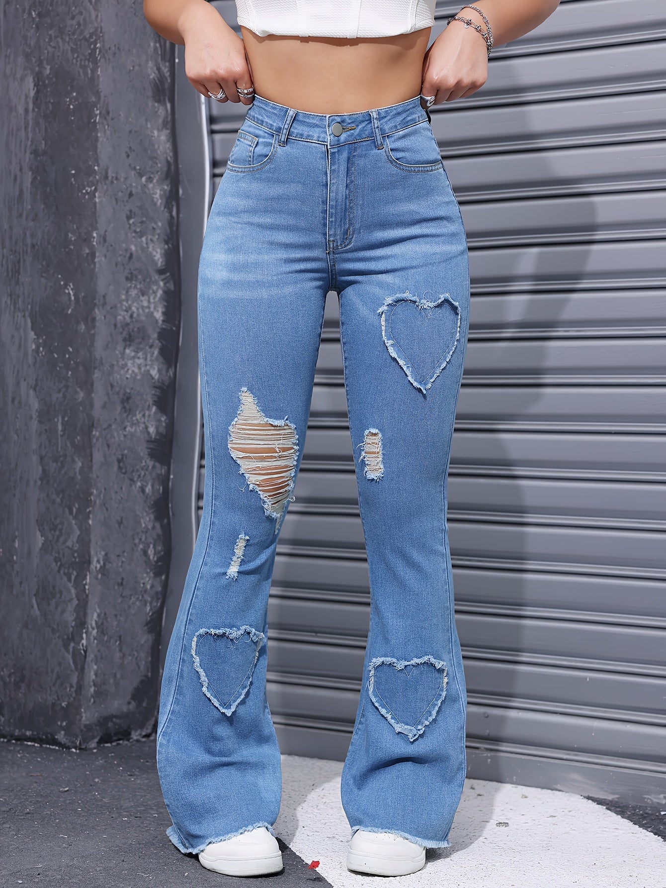 Women'S High-Stretch Flare Jeans with Heart Embroidery Patchwork - Trendy Distressed Denim Bell Bottoms, Comfortable & Versatile Light Blue Casual Pants