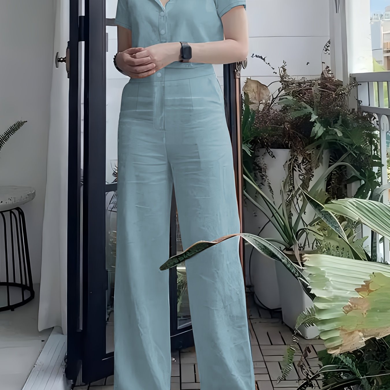 Women'S Solid Color Short Sleeve Shirt and Long Pants Elegant Two-Piece Set