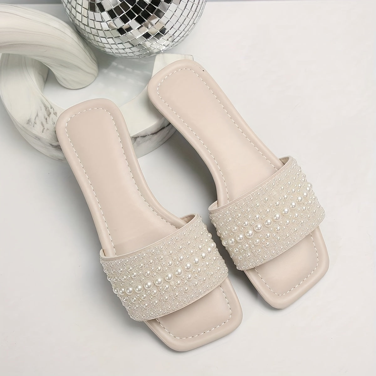 Elegant Women'S Pearl & Rhinestone Slide Sandals - Open Toe, Flat Heel, Rubber Sole, Easy Care, Fashionable for Home, Outdoor, Vacation Beach Wear