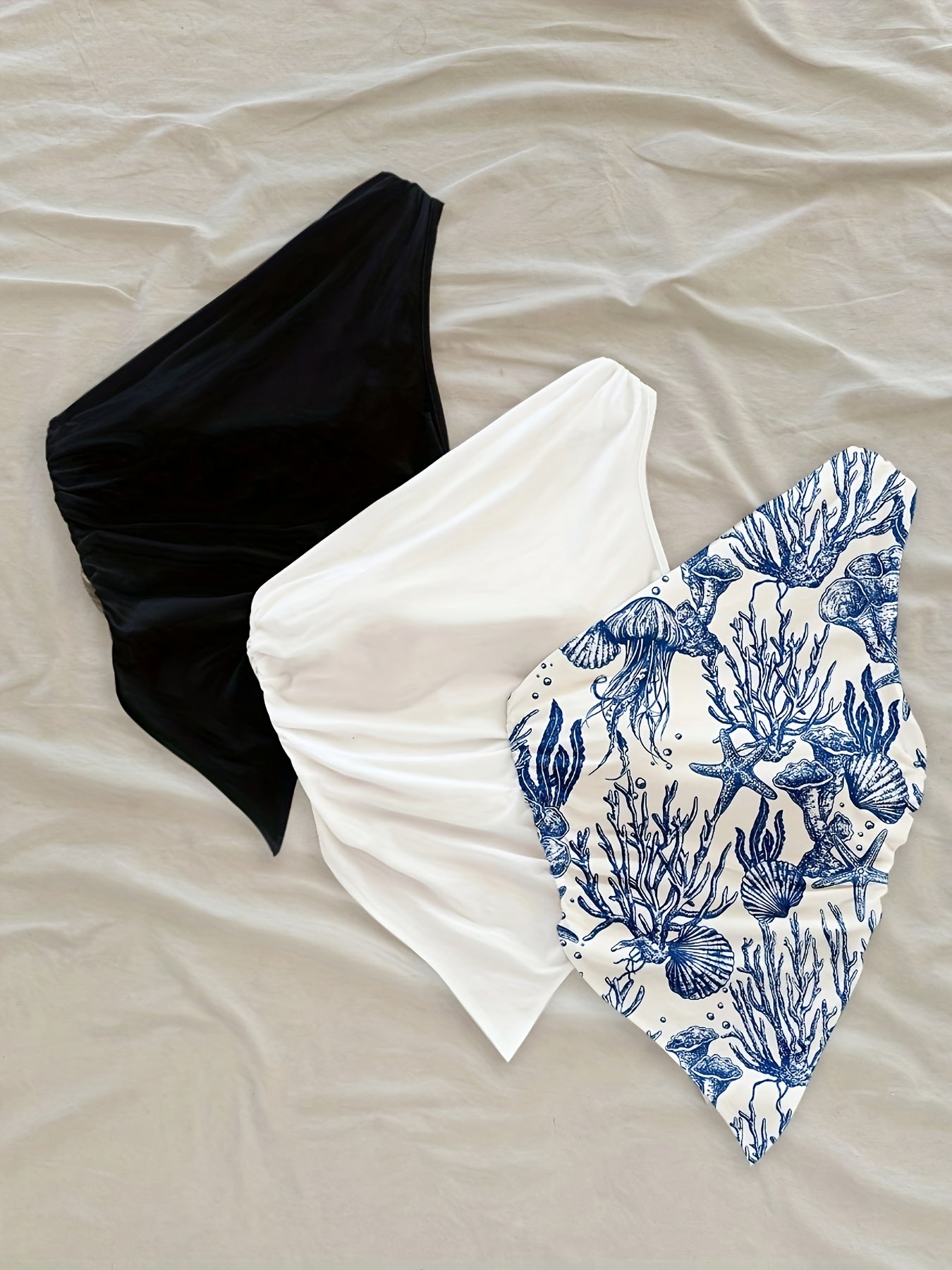 3pcs Casual Women's Shirt Set with Off-Shoulder Design, Asymmetrical Pleats and Ruffles Featuring Ocean Animals and Blue Print