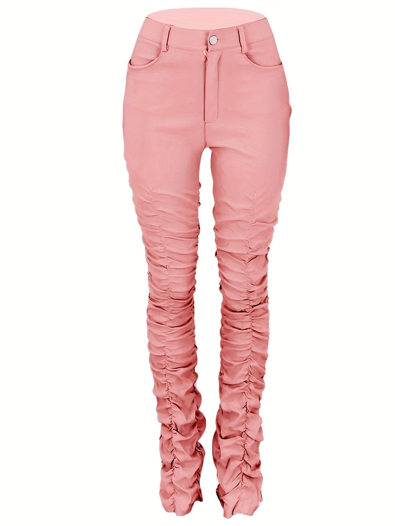 Solid High Waist Long Length Pants, Casual Stretchy Pleated All Seasons Pants, Women's Clothing