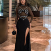 PORRCEY Women's Sexy Rhinestone Evening Dress - Mesh & Rhinestone Detailing, Bodycon Silhouette, Semi-Sheer Long Sleeve Party Gown with Stand-Up Collar, Hand Wash Only, All-Season Formal Wear, Chic Dress