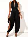 Womens Elegant Wide Leg Sleeveless Jumpsuit - Plunging Neck, Micro Elasticity, Polyester Fabric, Machine Washable, Solid Color, All Season - Perfect for Spring and Summer