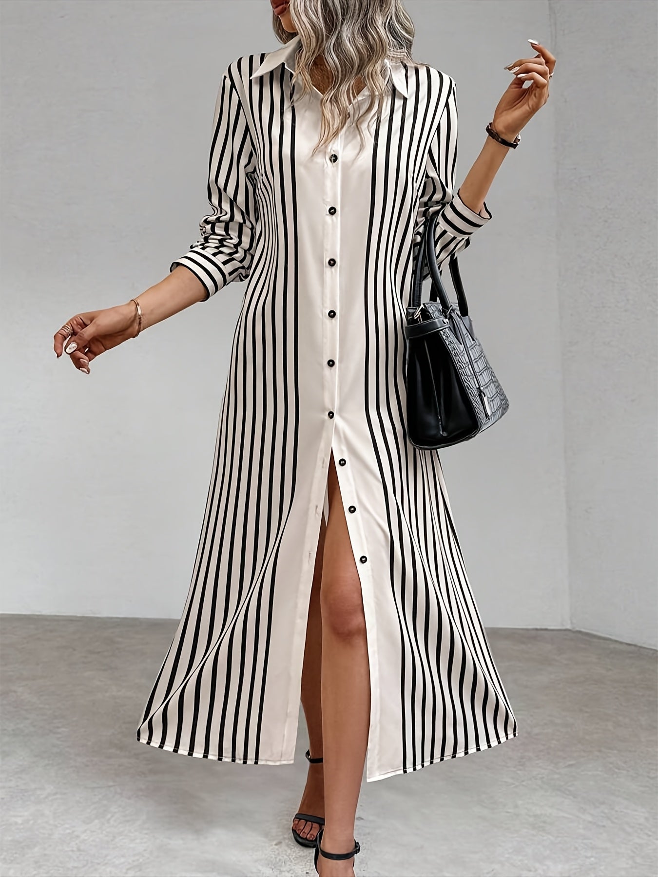 Elegant Striped Long Sleeve Shirt Dress with Lapel Collar and Button Details - Chic Spring/Autumn Women'S Shirting, Long Sleeve Dress