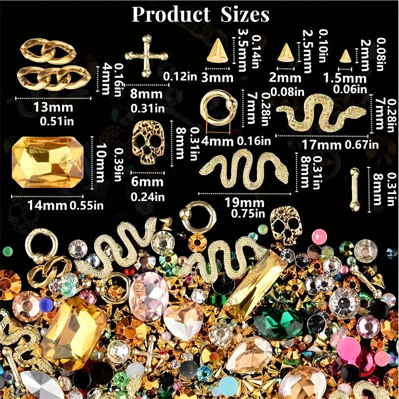 300 Pieces Of Y2K Black Golden Silvery Punk Cone Rivet 3D Golden Skull Cross Chain Snake Pattern Retro Alloy Golden Nail Pendant Glass Pointed Bottom Gem Resin Water Drill Female Girl Golden Nail DIY Nail Art Decoration Set