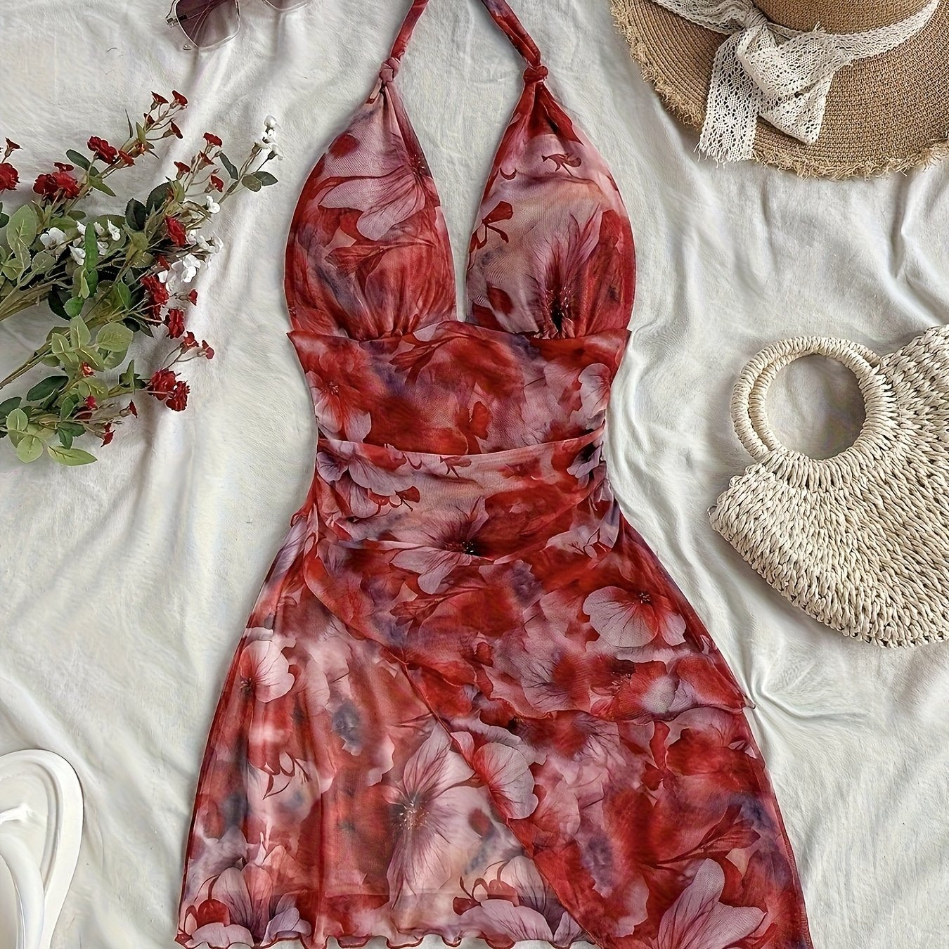 Women's Floral Print V-Neck Halter Sleeveless Dress - Lightweight Semi-Sheer Summer Dress with Ruched Waist & Ruffled Hem, Machine Washable for Beach, Casual, or Evening Outfits, Beach Wear | Flowy Fabric, Beach Dress