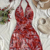 Women's Floral Print V-Neck Halter Sleeveless Dress - Lightweight Semi-Sheer Summer Dress with Ruched Waist & Ruffled Hem, Machine Washable for Beach, Casual, or Evening Outfits, Beach Wear | Flowy Fabric, Beach Dress