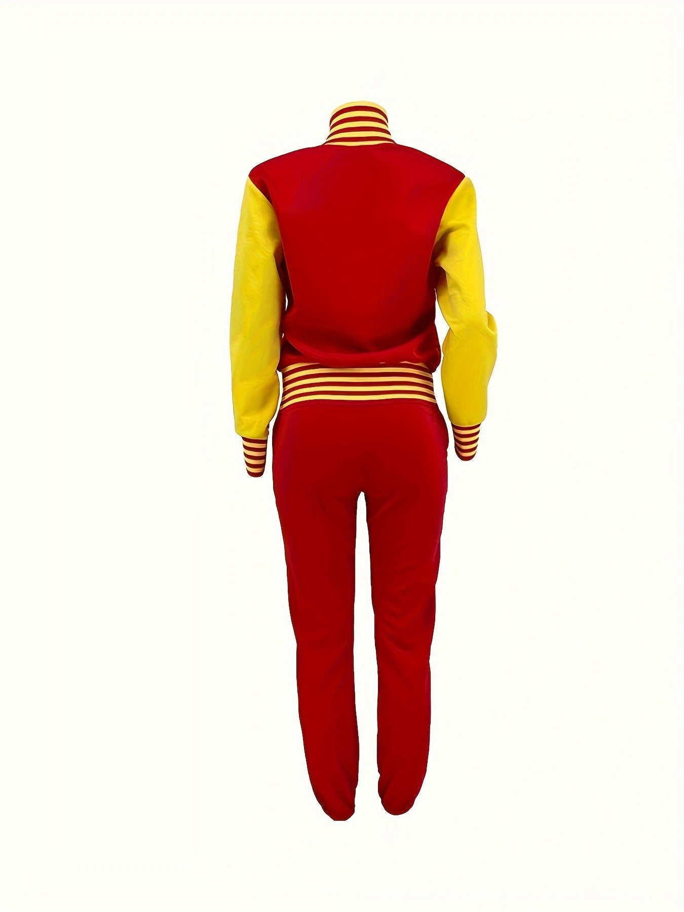 Two-piece Set, Button Front Varsity Jacket & Drawstring Jogger Pants Outfits, Letter Pattern Casual Women's Clothing