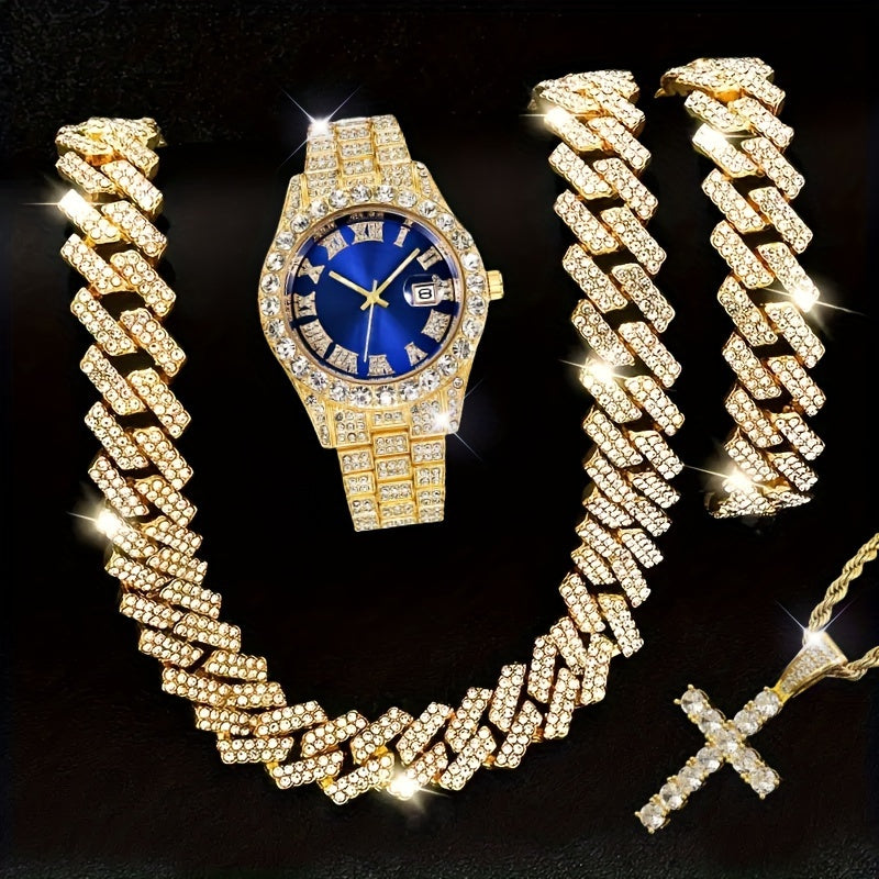4pcs, Men's Watch Necklace Bracelet Set, Myer Cuban Rhinestone Necklace Bracelet Set, Men's Watch Gift Set