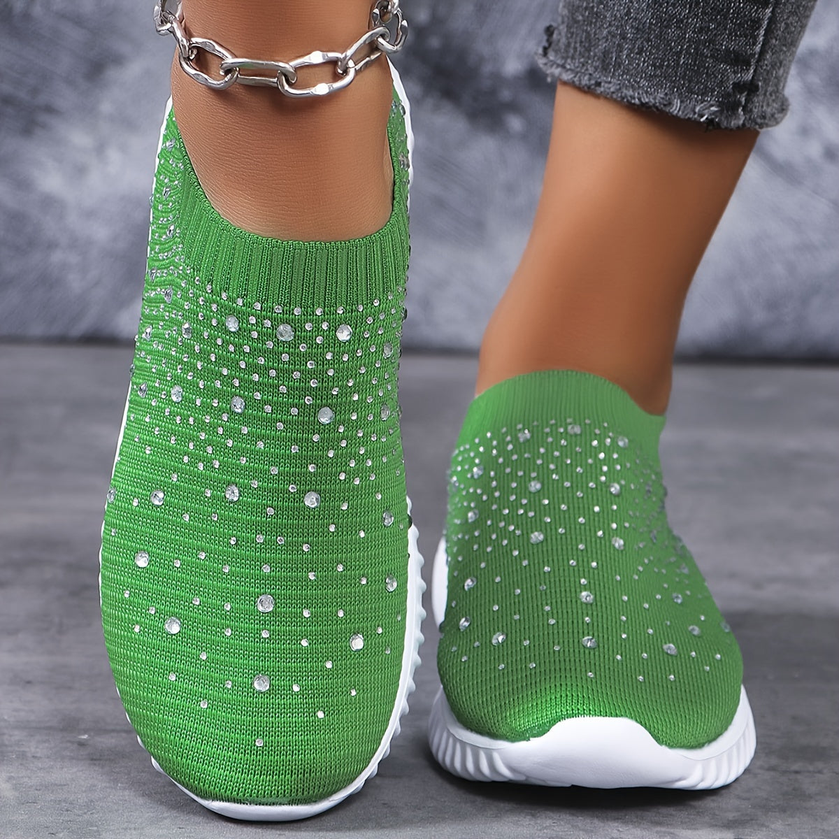 Women's Walking Sneakers With Rhinestone Decor, Breathable Fabric Casual Shoes, Comfortable Athletic Camp Shoes, Slip-on Trainer Footwear With Chunky Sole