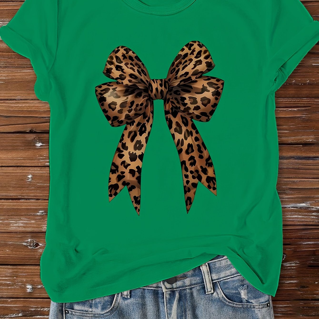 Women's Casual Leopard Print Bowknot T-Shirt - Short Sleeve, Round Neck, Soft & Comfortable Fabric, Perfect for Spring/Summer Fashion, Green Graphic Tee with Stylish Bow Design, Casual Wear | Playful Graphic Tee | Stylish Gra