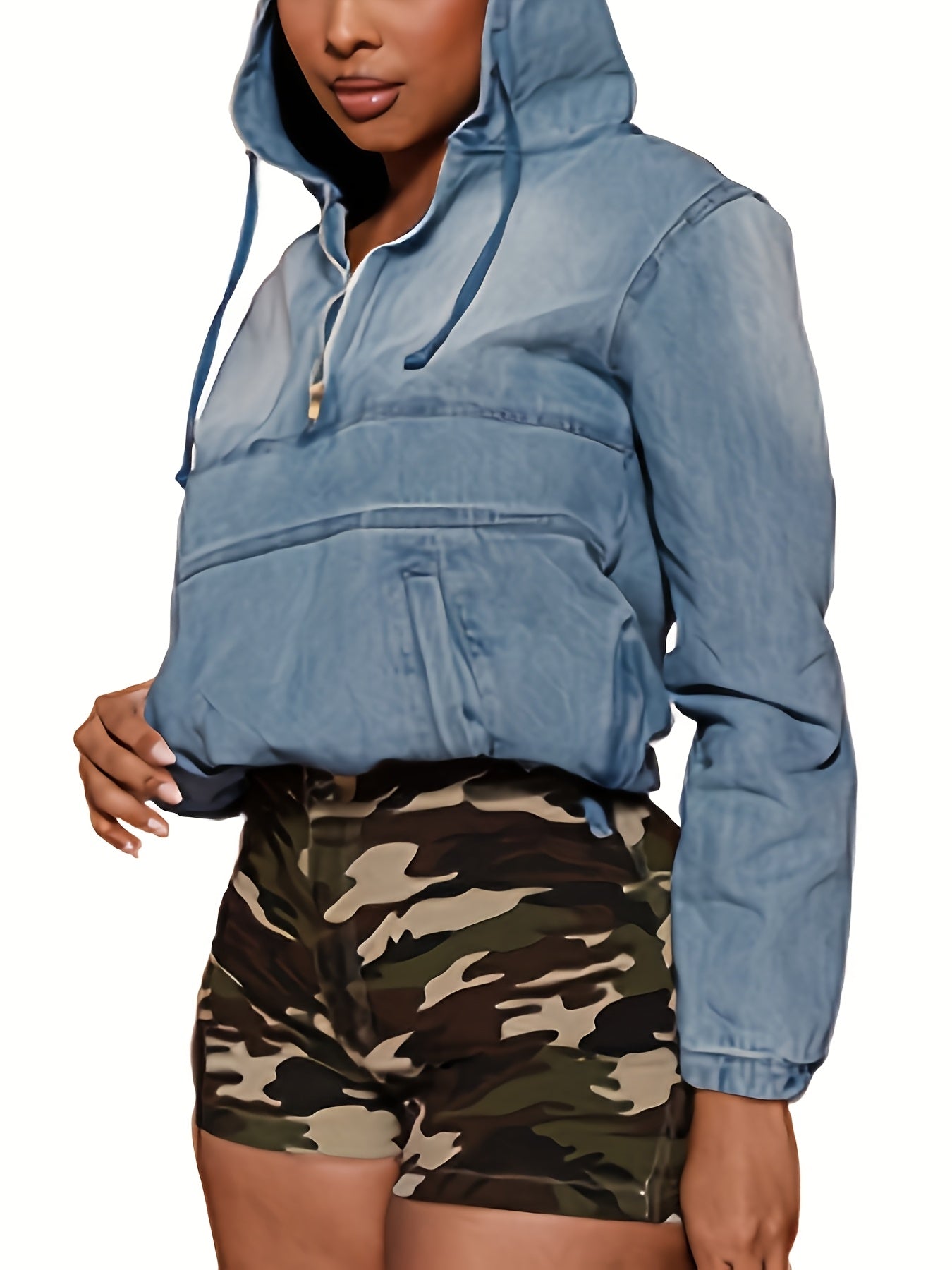 [Casual Denim Hoodie] Casual Women's Denim Half Zip Hoodie Pullover Jacket Jean Tops Cowboy Hoodie