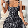 Women's Floral Print Sleeveless A-Line Dress - Black & White Flower Vacation Style with Adjustable Tie Shoulders, Polyester, Spring/Summer Collection, Floral Dress