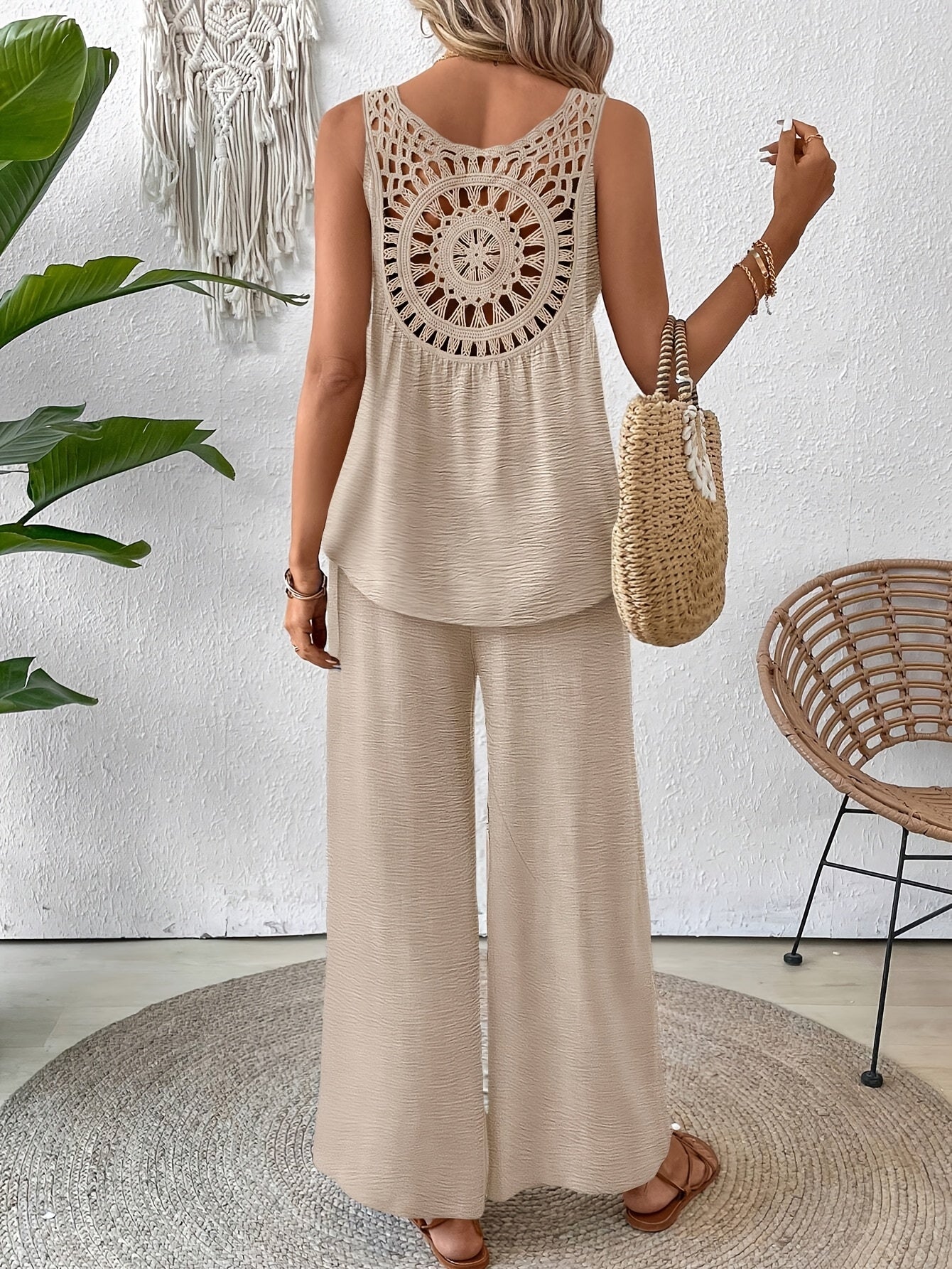 Exclusive Elegant Vacation Solid Color Sleeveless Top and Wide Leg Pants