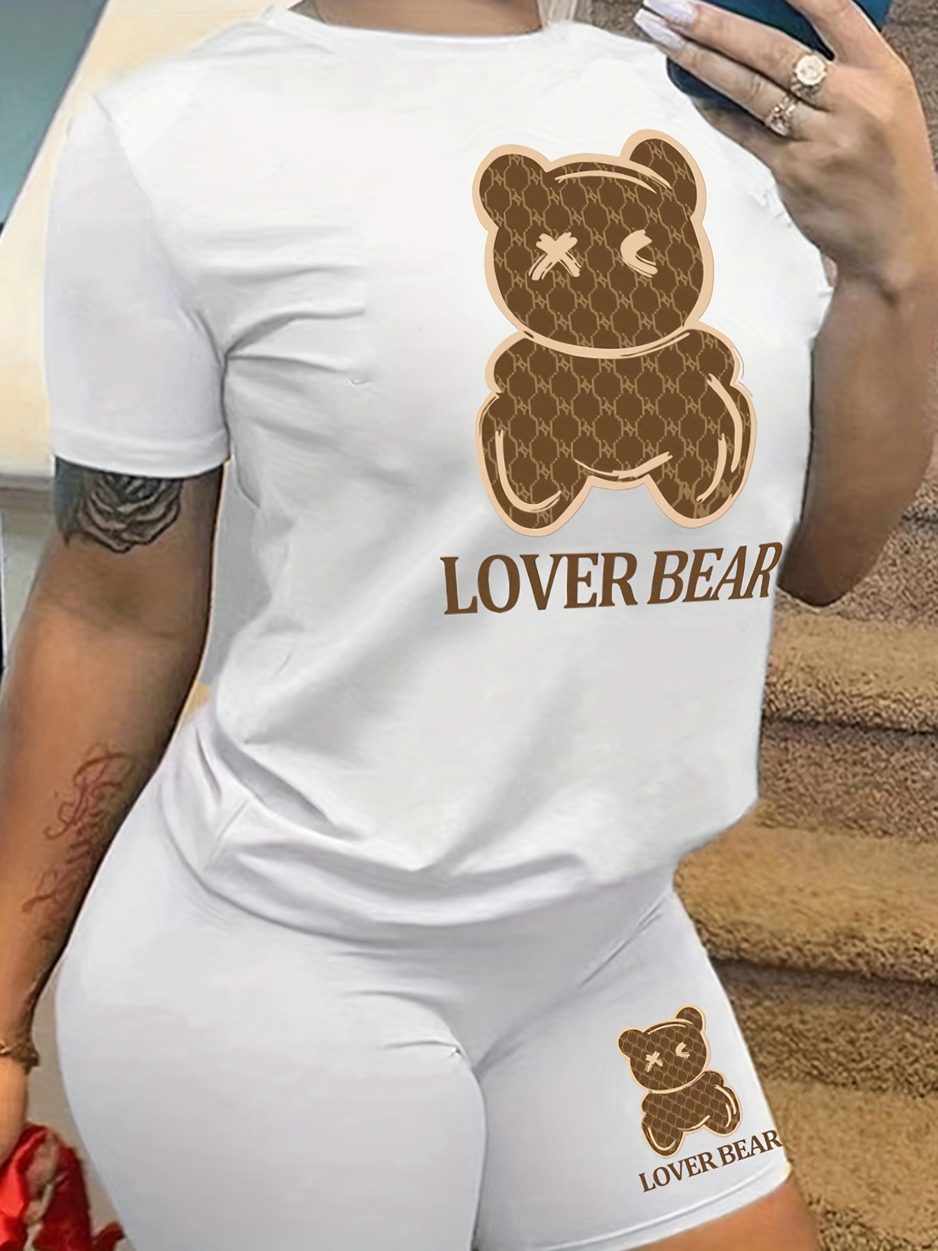 Two-piece Set, Cartoon Bear Print Crew Neck Short Sleeve T-shirt & Slim Shorts Outfits, Women's Casual Clothing