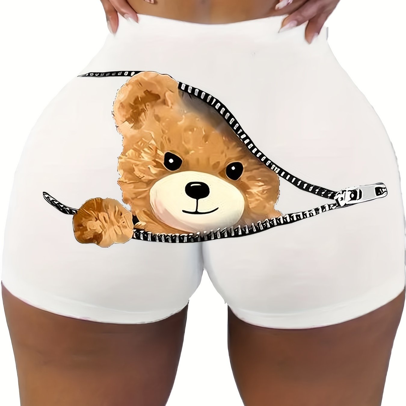 Teddy Bear Print Skinny Shorts, Casual Elastic High Waist Shorts For Spring & Summer, Women's Clothing