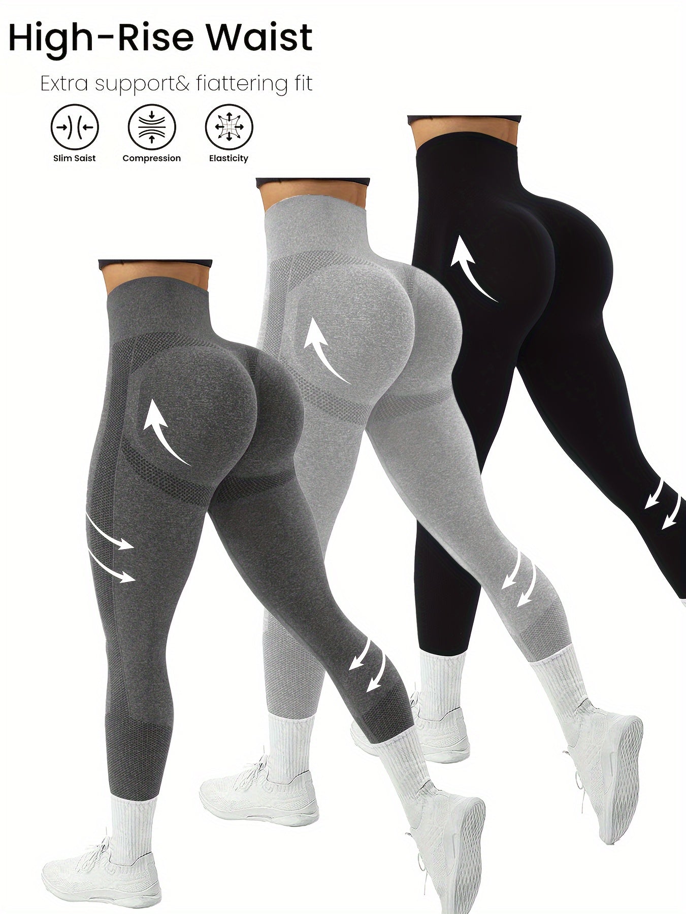 3-Pack High-Waist Compression Sports Leggings for Women with Side Stripe Detail, Polyamide & Elastane, Solid Color, High Stretch, Skinny Fit, Cropped Length - Elastic Waist Yoga Pants for Adults