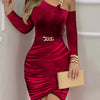 Elegant Off-Shoulder Blue Midi Dress for Women - Chic Chain Detail, Long Sleeves, Ruched Bodycon Fit, Polyester, Machine Washable - Perfect for Evening & Vacation