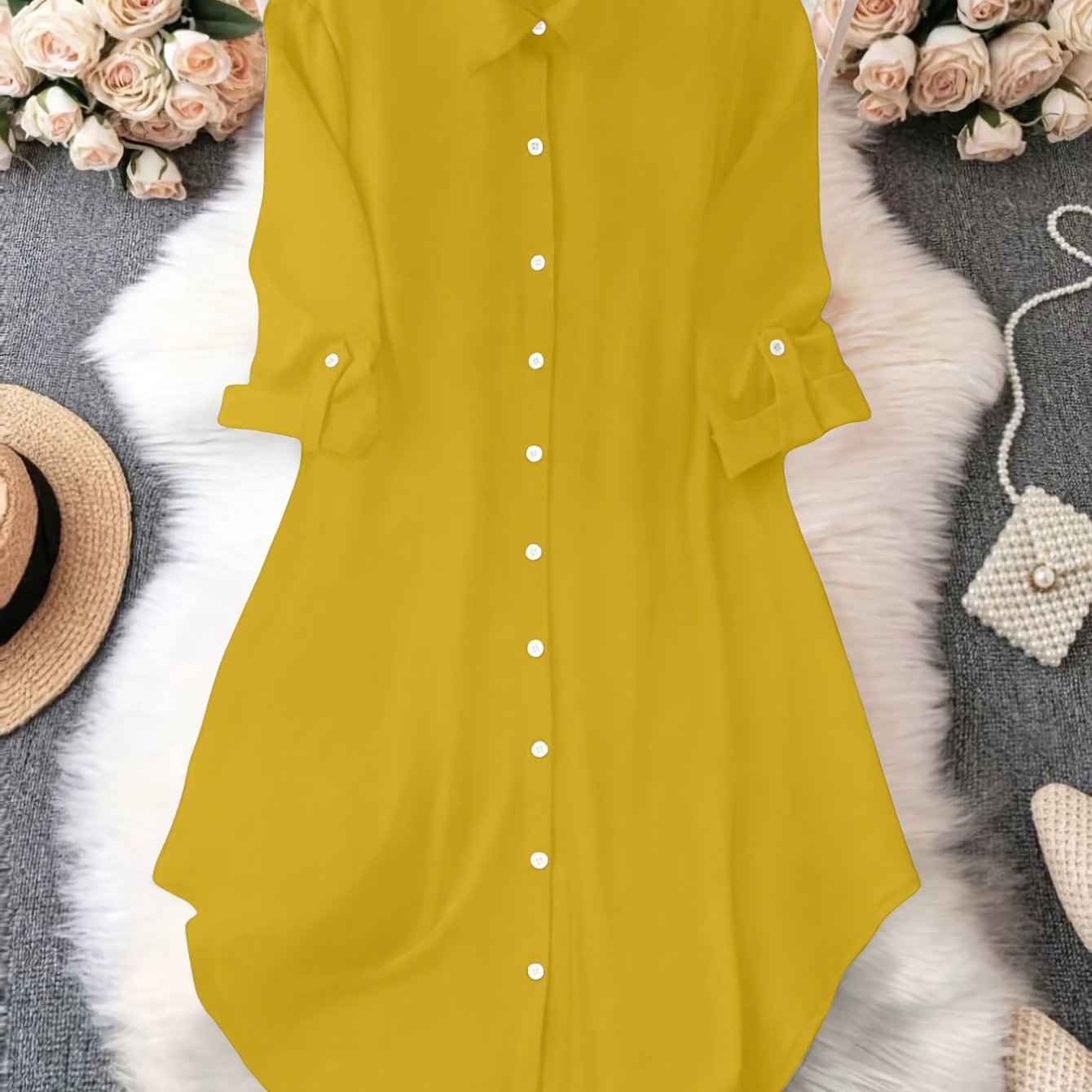Women'S Light Blue Dress Shirt with Front Buttons and Sleeves - Casual Crew Neck, Long Sleeve, Solid Color, Polyester, Perfect for Spring and Fall, Ladies Dress