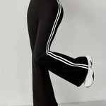 Women's High-Waist Tummy Control Maroon Flare Pants with White Stripe Detail - Stretchy Polyester/Elastane Blend, Machine Washable, Casual Sporty Bell Bottoms