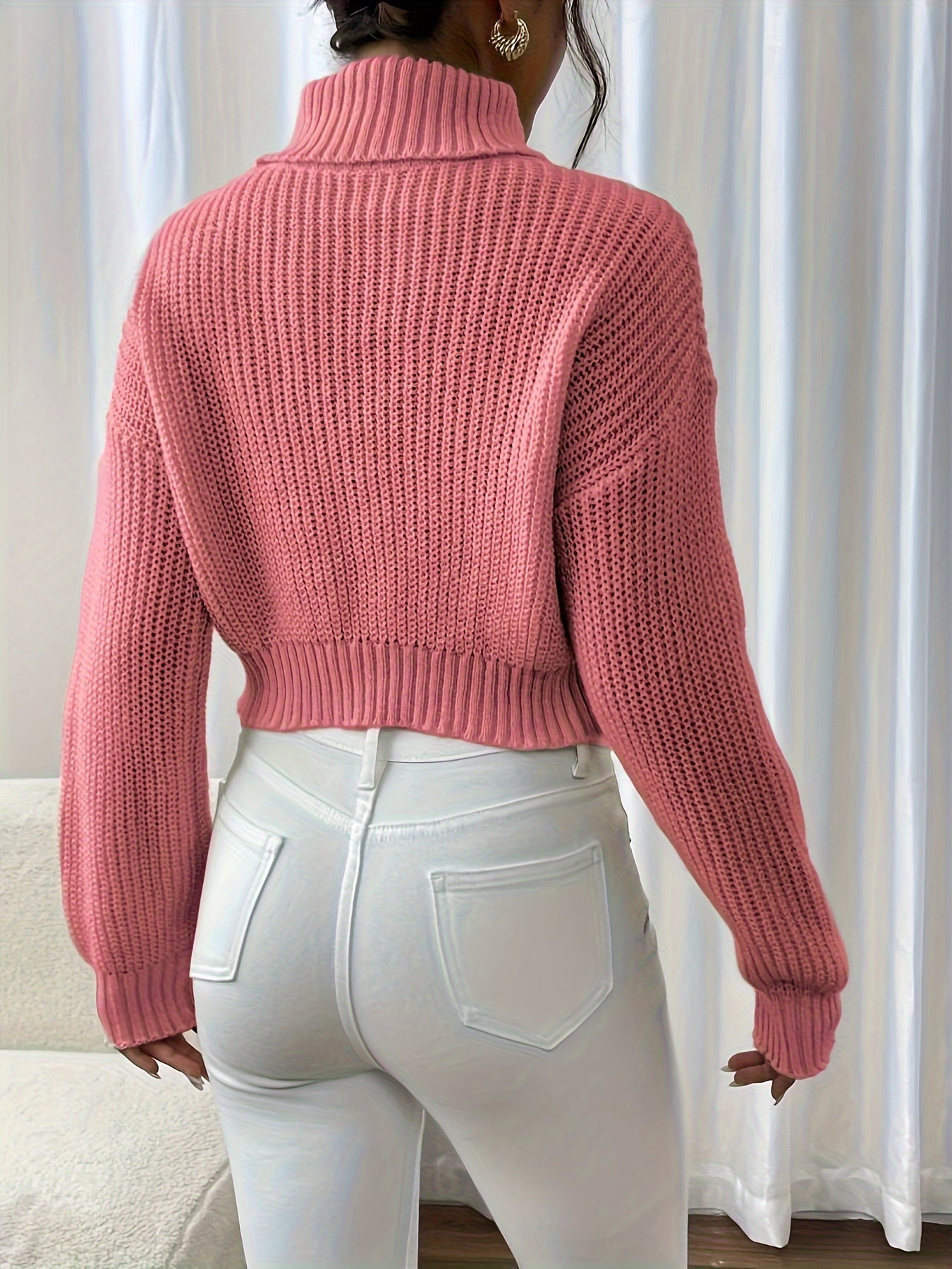 Winter Warmth] Elegant Pink Butterfly Sweater for Women - Cozy Turtleneck, Long Sleeve, 100% Polyester Knit Pullover, Casual Style, Perfect for Fall/Winter