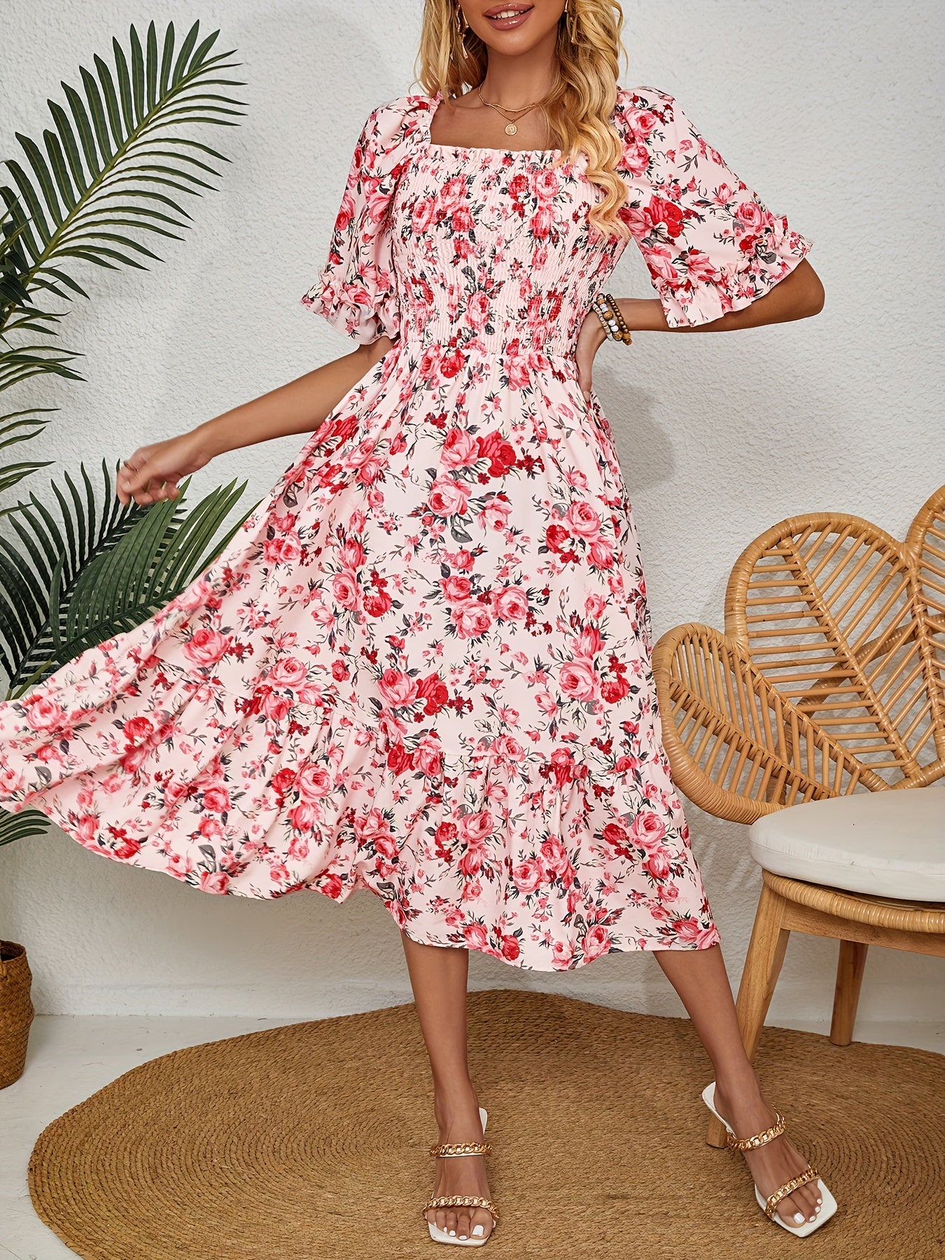 Chic Floral Print Midi Dress with Ruffle Sleeves and Square Neckline - Polyester, Non-Stretch, Machine Washable - Ideal for Spring/Summer Vacations and Gatherings