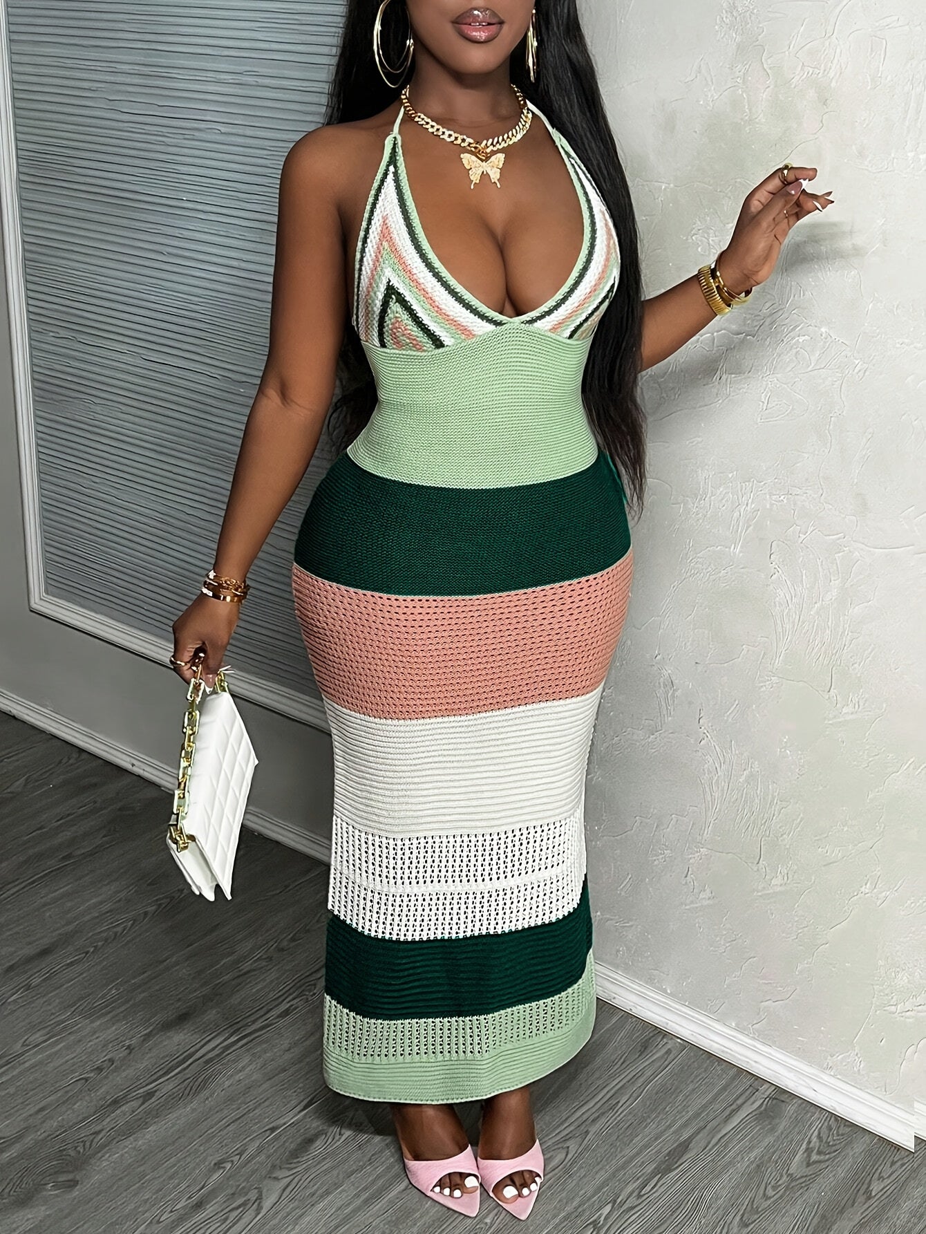 Women'S Color Block Halter Neck Bodycon Dress - Vibrant Striped Mini Dress with Golden Accents, Casual Style, Casual Dressing | Vibrant Striped Dress | Halter Neckline