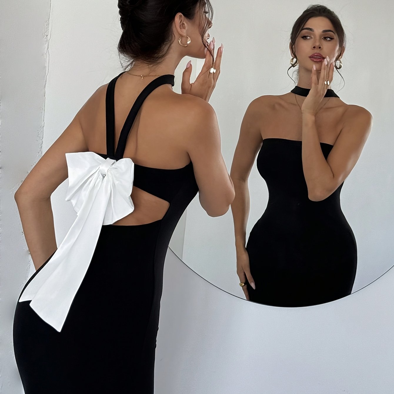 Women's Elegant Off-Shoulder Back Bow Mermaid Dress - Sexy Party & Formal Evening Gown with Bodycon Fit, Machine Washable Black Dress for Halloween, Galas & Special Occasions, Galaxy Event Attire | Sleek Silhouette