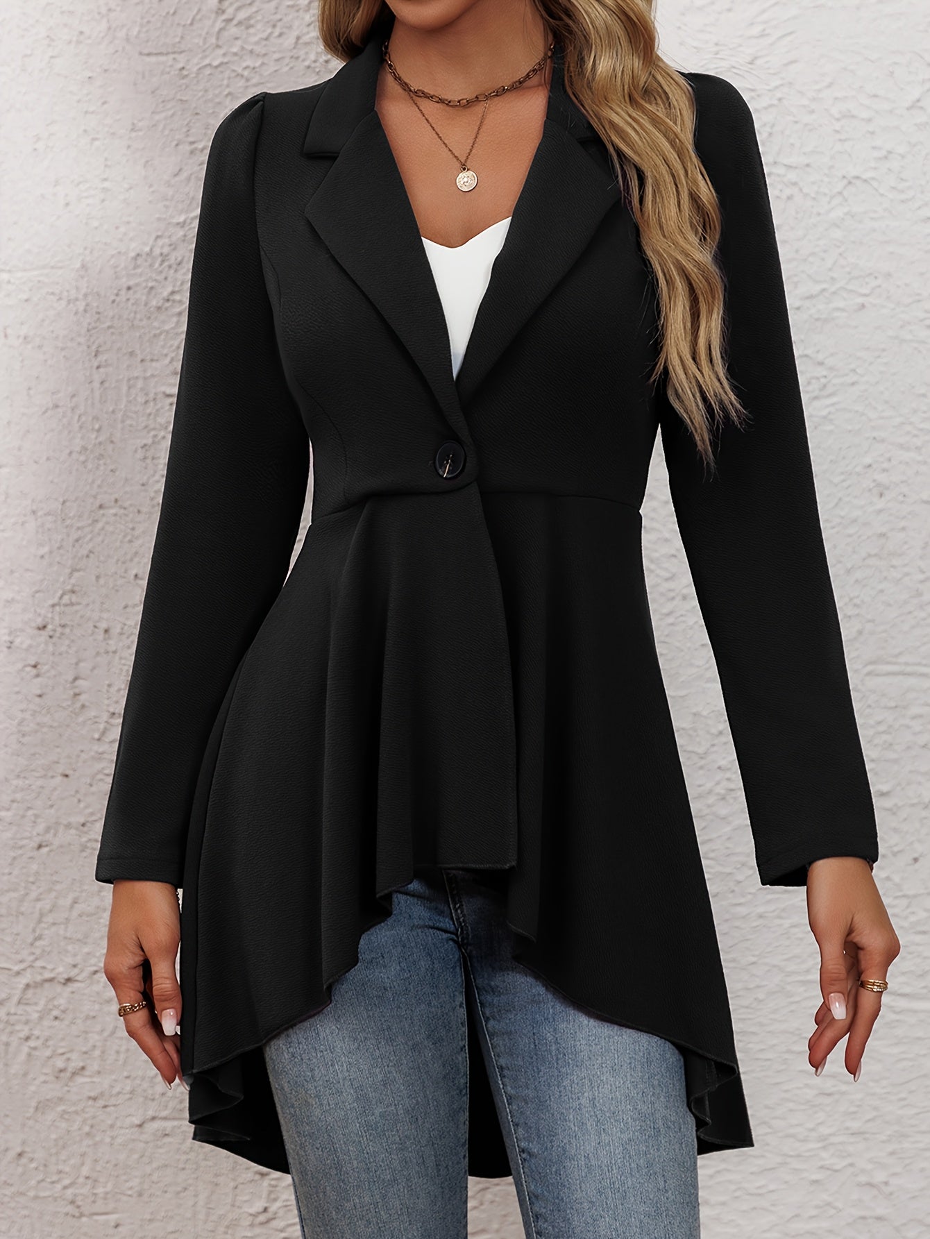 High Low Hem Lapel Collar Blazer, Stylish Solid Color Long Sleeve Single Button Blazer, Women's Clothing
