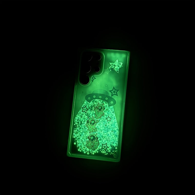 A Glow-In-The-Dark Liquid Glitter Phone Case for Samsung Galaxy S22/S23/S24/S25/Plus Ultra, Featuring a Fun Spaceship Astronaut Design, Making It a Creative Christmas And New Year Gift Phone Protector.