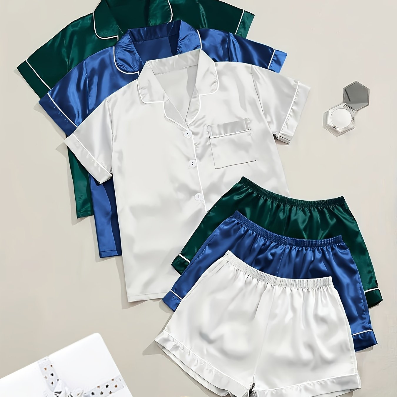 3 Sets Solid Satin Pajama Set, Casual Short Sleeve Buttons Lapel Top & Elastic Shorts, Women's Sleepwear