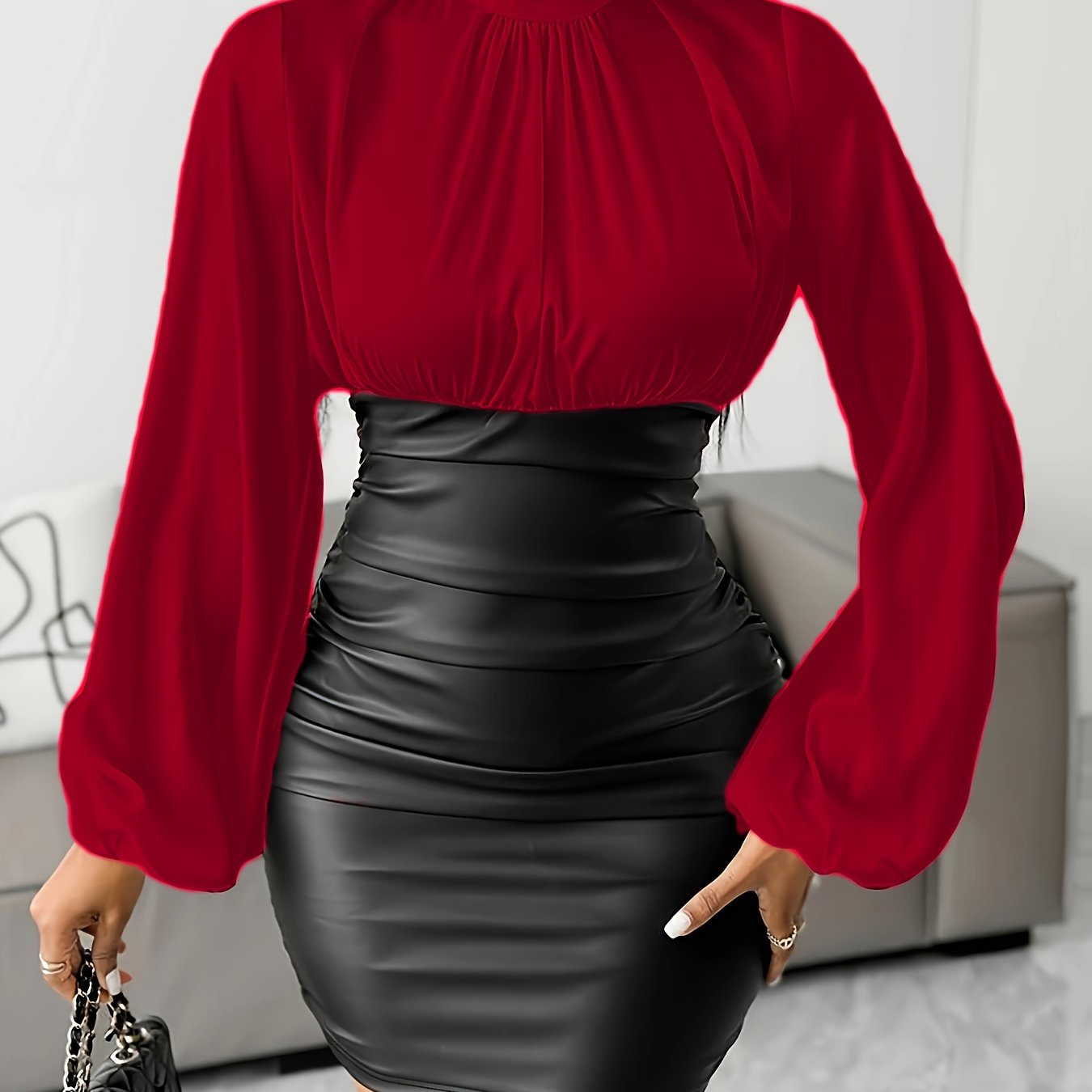 Elegant Women'S Patchwork Mini Dress with Pleated Detail, Long Sleeve, Stand Collar, and Side Zipper - Chic Two-Tone Business Casual Attire, All-Season Wear, Stylish Women'S Attire|Stand Collar Dress|Zipper Detailing